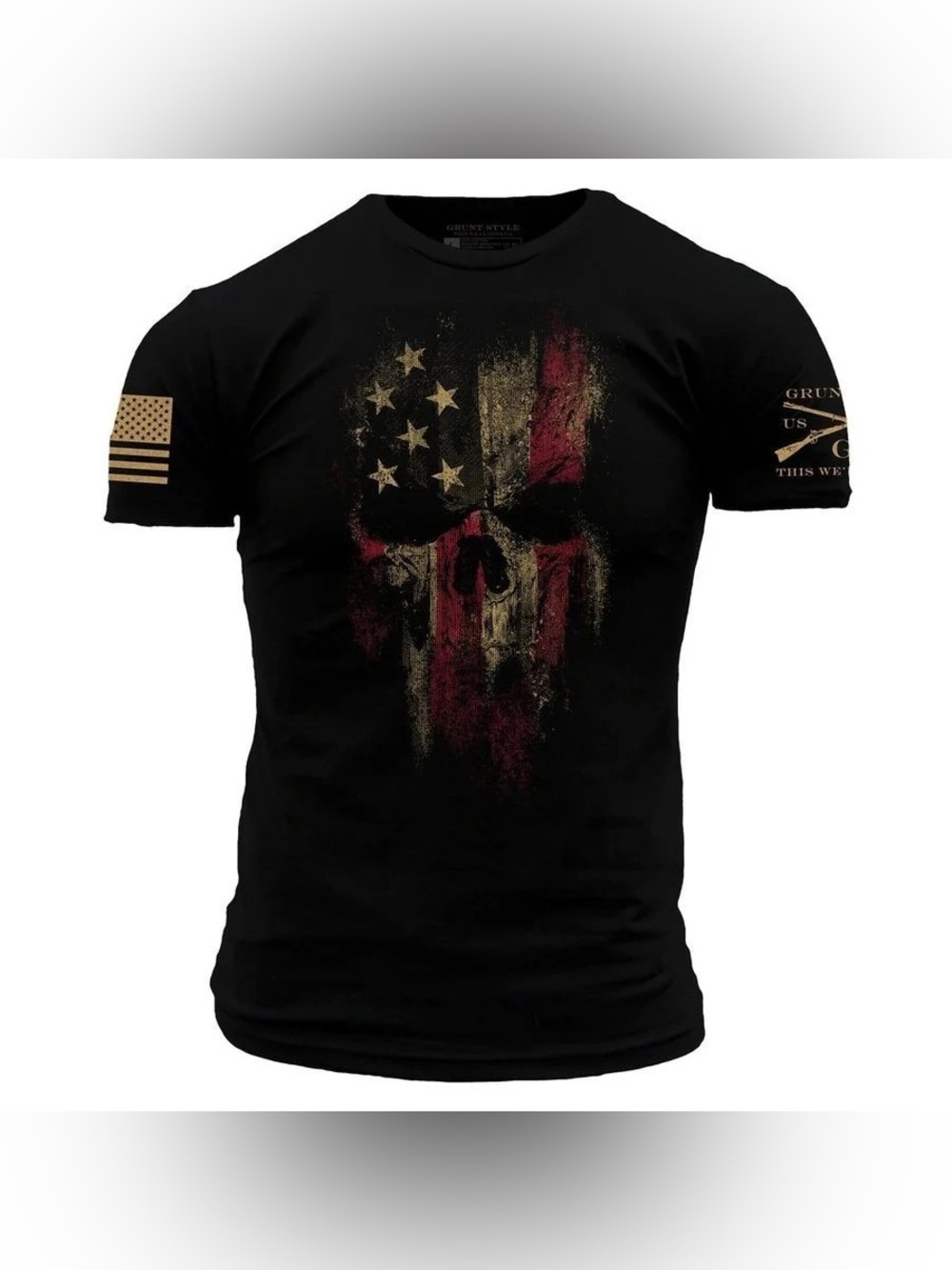 Grunt Style Black Skull Flag Short Sleeve Tee with Red and Cream Accents